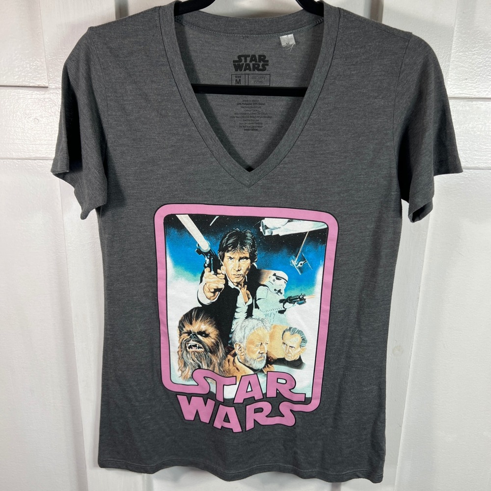 Star Wars Mighty Fine V-Neck Graphic T-Shirt Charcoal Grey Pink Logo Womens M